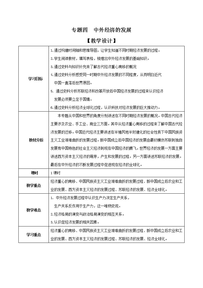 专题04 中外的经济发展（教学设计）-中考历史二轮复习学历案+教学设计+课件+测试+背诵清单（部编版）01