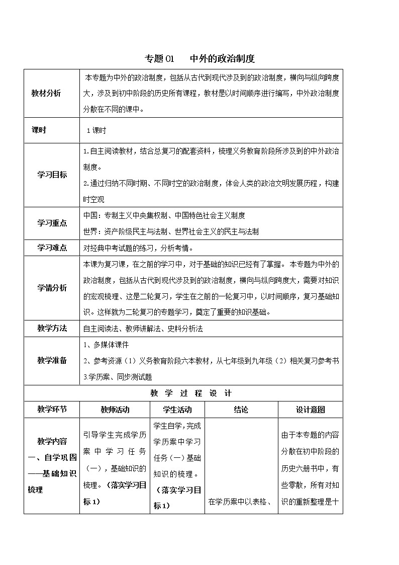 专题01 中外的政治制度（教学设计）-中考历史二轮复习学历案+教学设计+课件+测试+背诵清单（部编版）第1页
