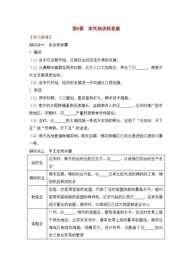 【预习作业】第9课 宋代经济的发展第1页