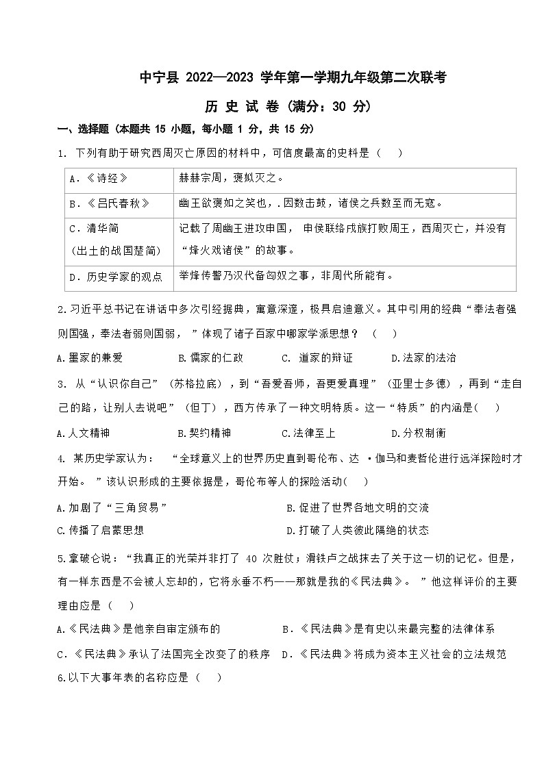 宁夏中宁县2022-2023 学年上学期九年级期末考试历史试卷(含答案)第1页