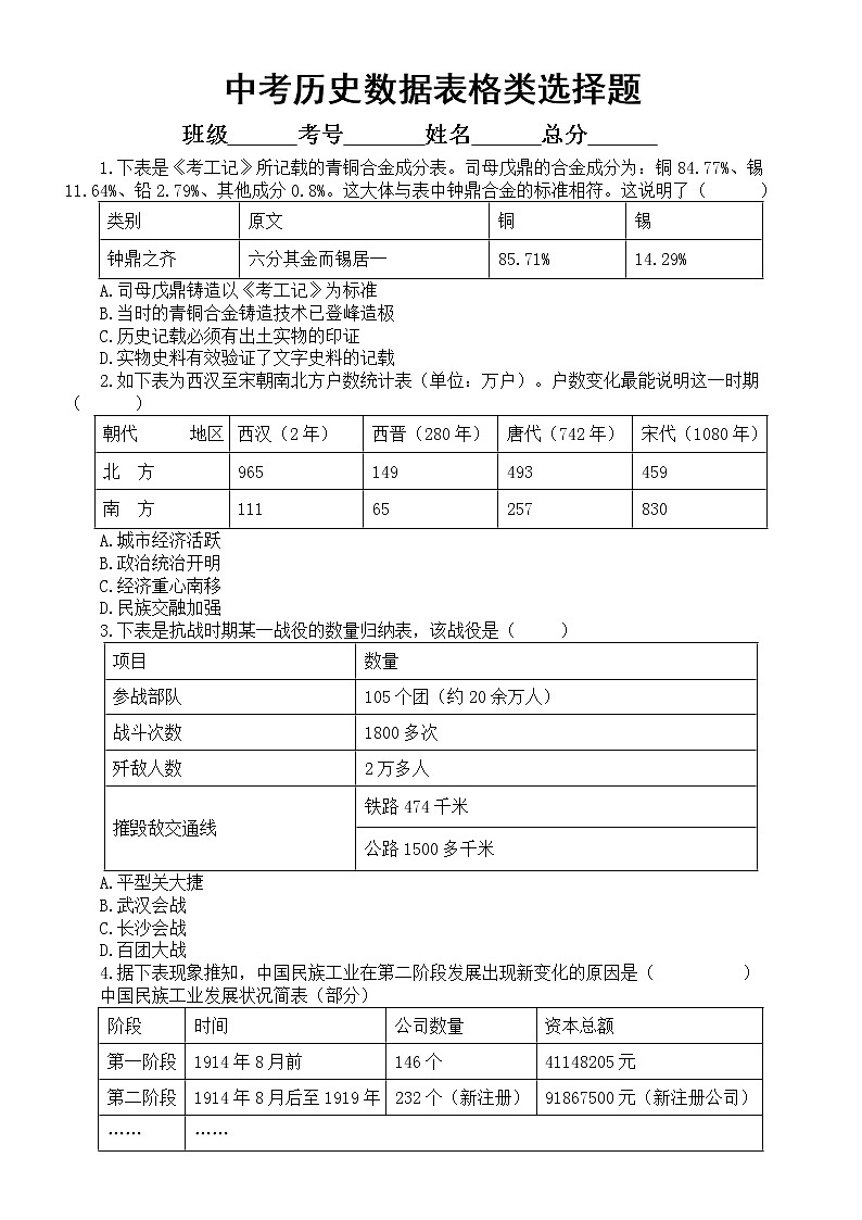 初中历史2023中考数据表格类选择题专题复习（解题指导+专项练习）02