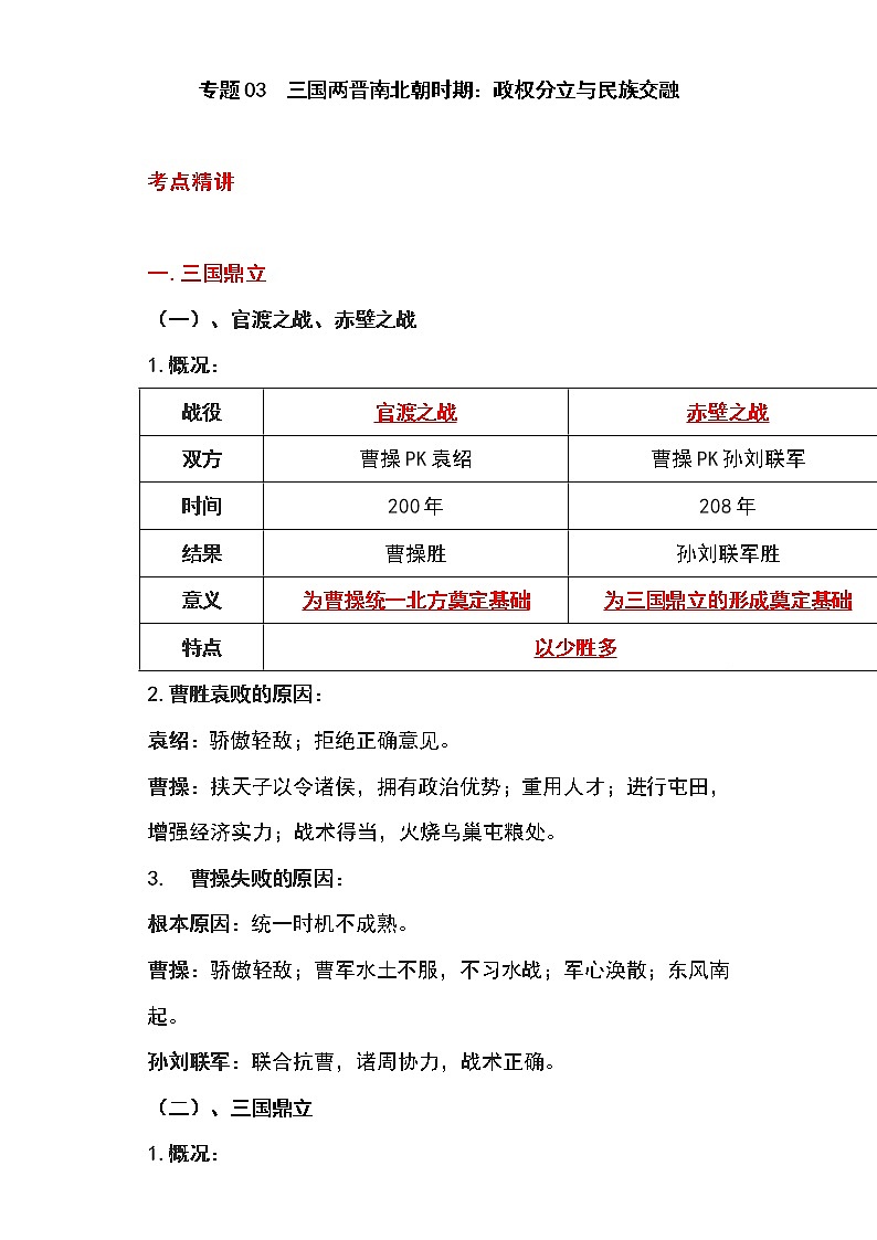 备战2023新中考二轮历史专题导练  专题03 三国两晋南北朝时期：政权分立与民族交融01