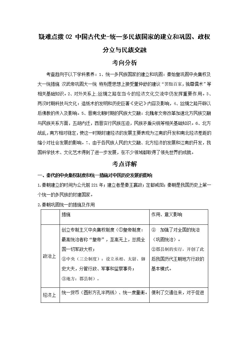 备战2023年历史新中考二轮复习热点透析 疑难点拨02中国古代史-统一多民族国家的建立和巩固、政权分立与民族交融（原卷版）第1页