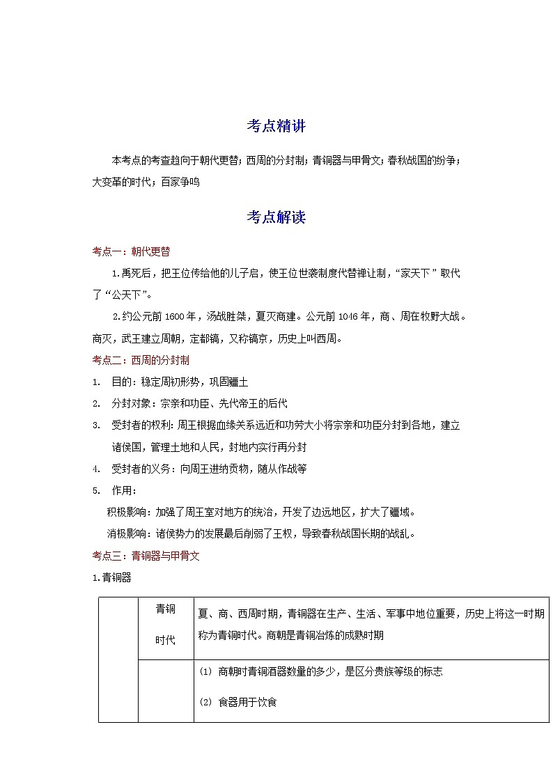 备战2023历史新中考二轮复习考点精讲精练（江苏专用）突破02  夏商周时期（解析版）第1页