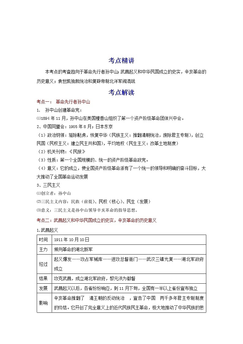 备战2023历史新中考二轮复习考点精讲精练（江苏专用）突破10 资产阶级革命与中华民国的建立（原卷版）第1页