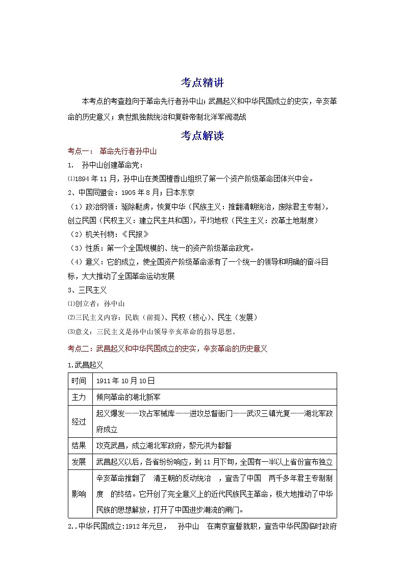 备战2023历史新中考二轮复习考点精讲精练（江苏专用）突破10 资产阶级革命与中华民国的建立（解析版）第1页