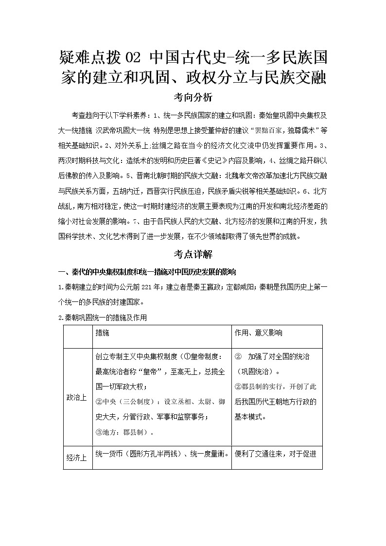  2023 历史新中考二轮复习热点透析 疑难点拨02中国古代史-统一多民族国家的建立和巩固、政权分立与民族交融（原卷版）第1页
