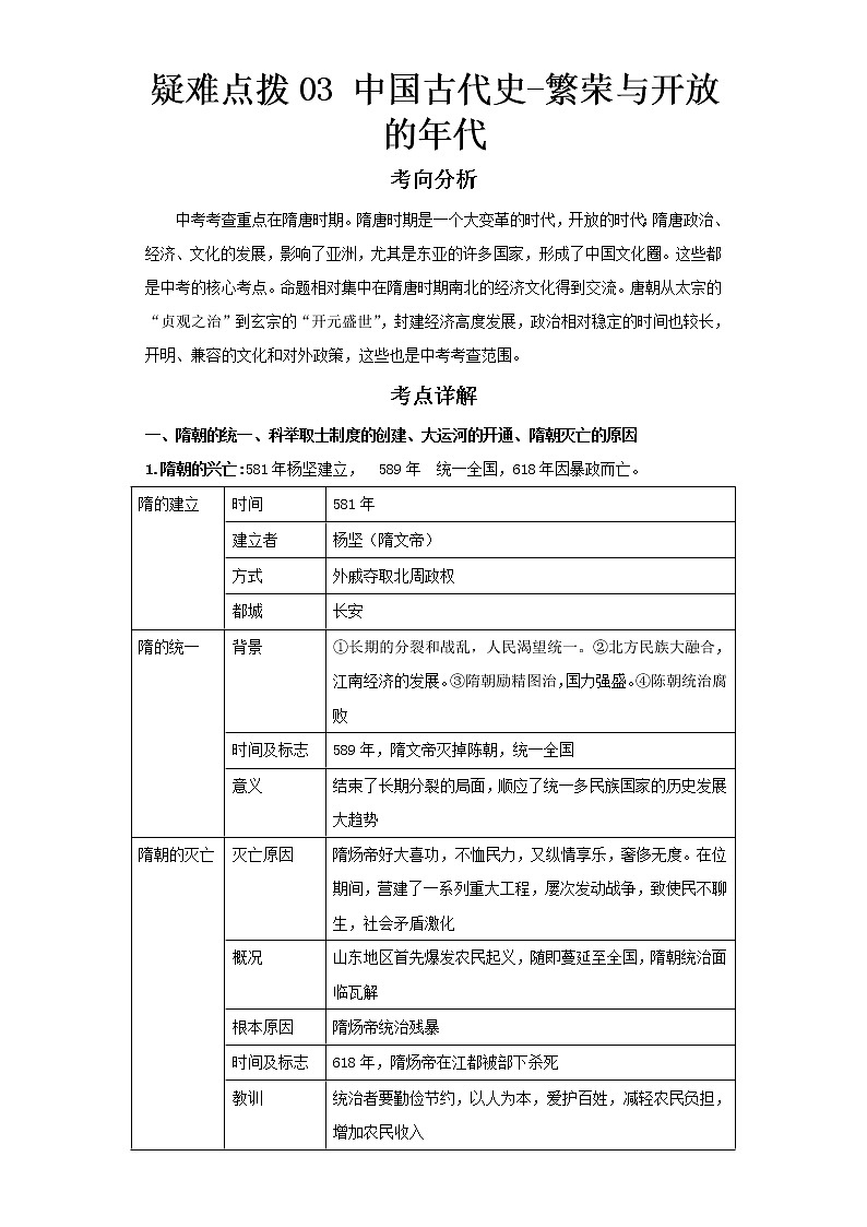 2023 历史新中考二轮复习热点透析 疑难点拨03中国古代史-繁荣与开放的年代 试卷01