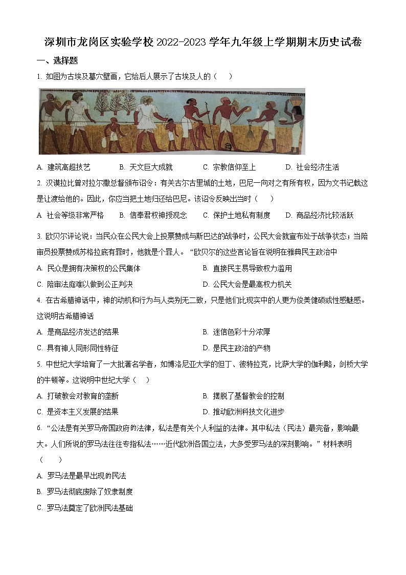 深圳市龙岗区实验学校2022-2023学年九年级上学期期末历史试卷（含解析）第1页