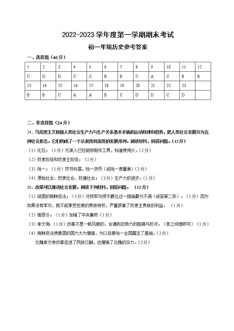 （初一历史）2022—2023学年度第一学期（期末考试）答案第1页