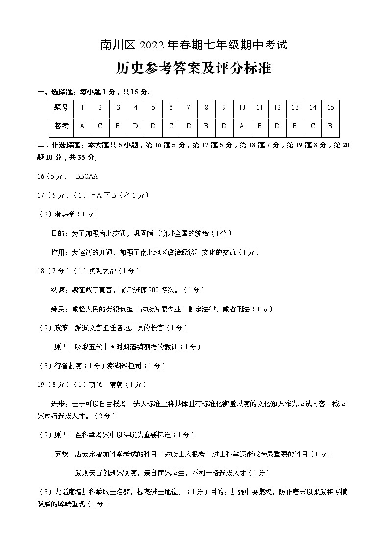 重庆市南川区2021-2022学年七年级下学期期中考试历史试题答案第1页