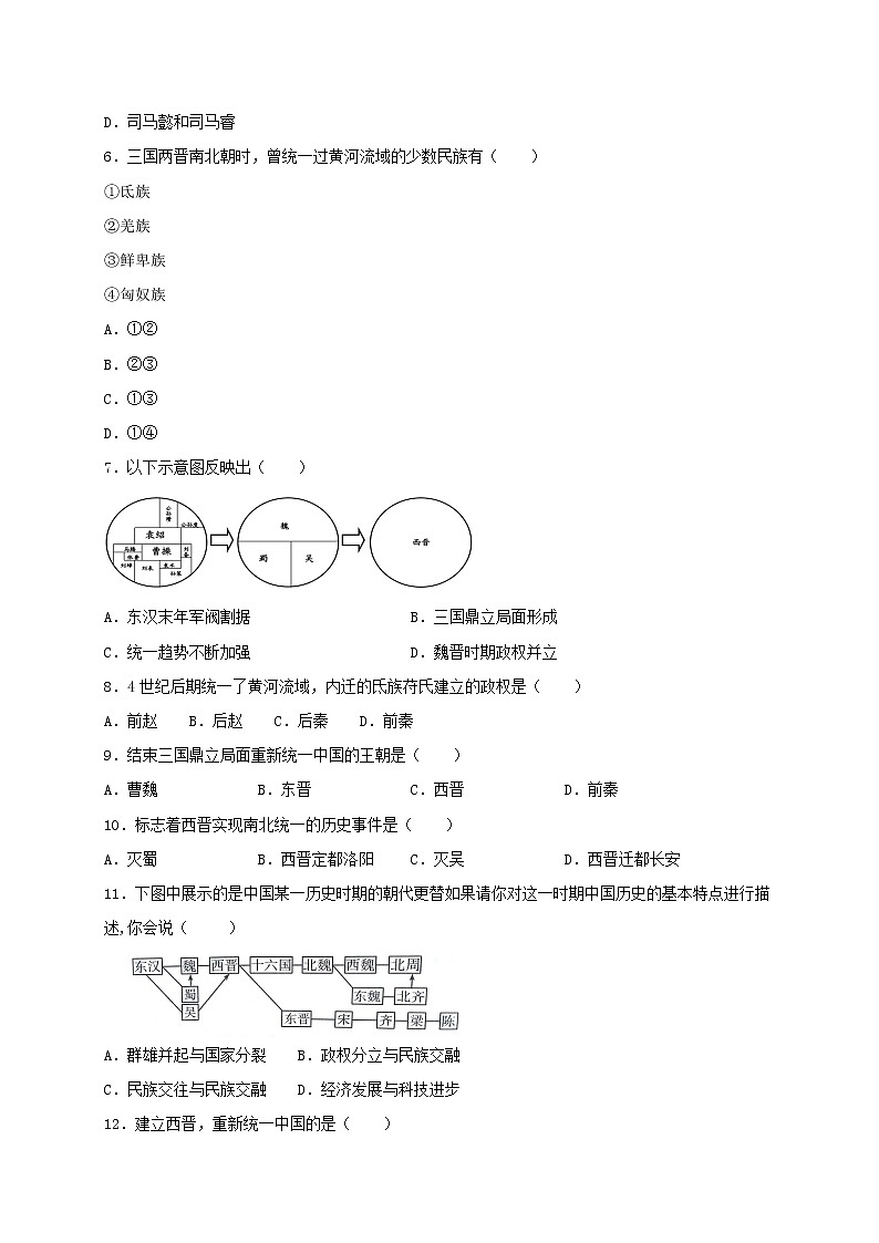 4.17 西晋的短暂统一和北方各族的内迁同步测试（含答案）人教部编版历史七年级上册02