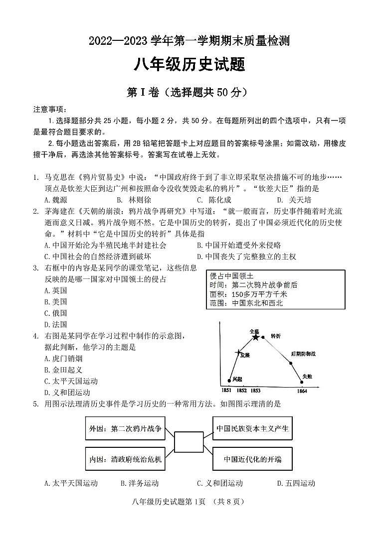 山东省济南市历城区2022-2023学年八年级上学期期末历史试题01