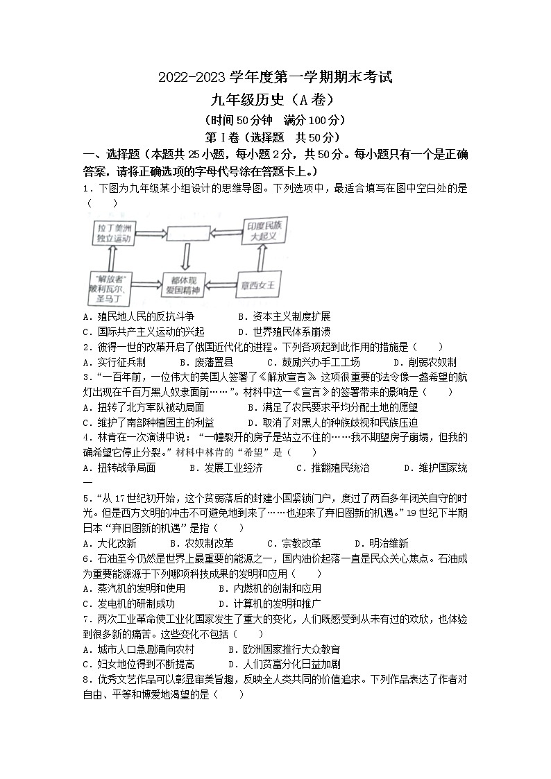 山东省枣庄市山亭区第六实验学校2022-2023学年九年级上学期期末历史试题第1页