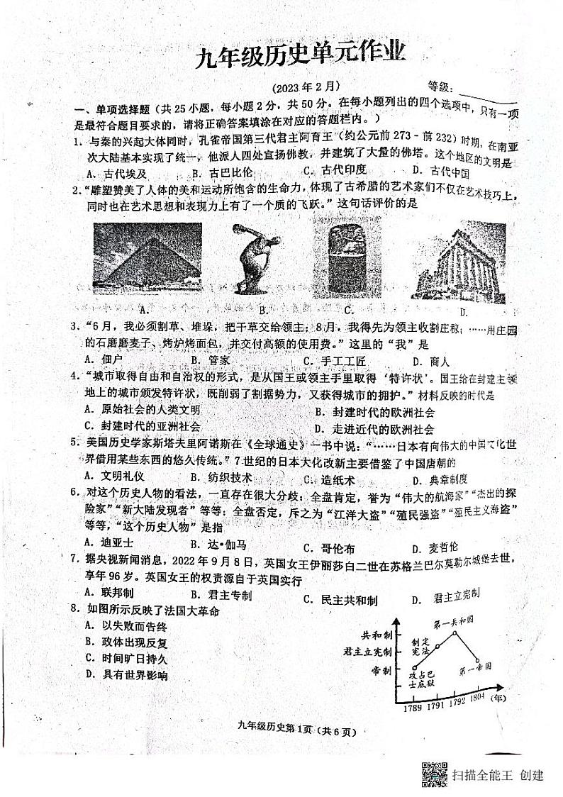 山东省临沂市沂水县2022-2023学年九年级上学期期末考试历史试题01