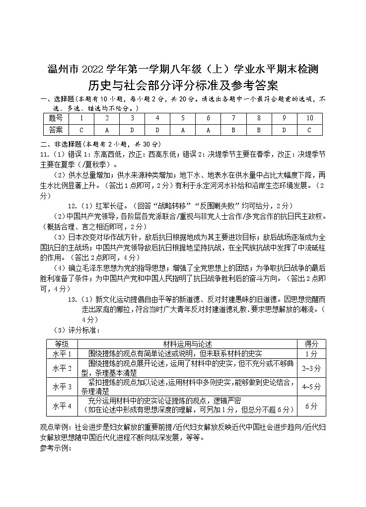 浙江省温州市2022-2023学年上学期八年级历史与社会期末试题（PDF版含答案，含答题卡）01
