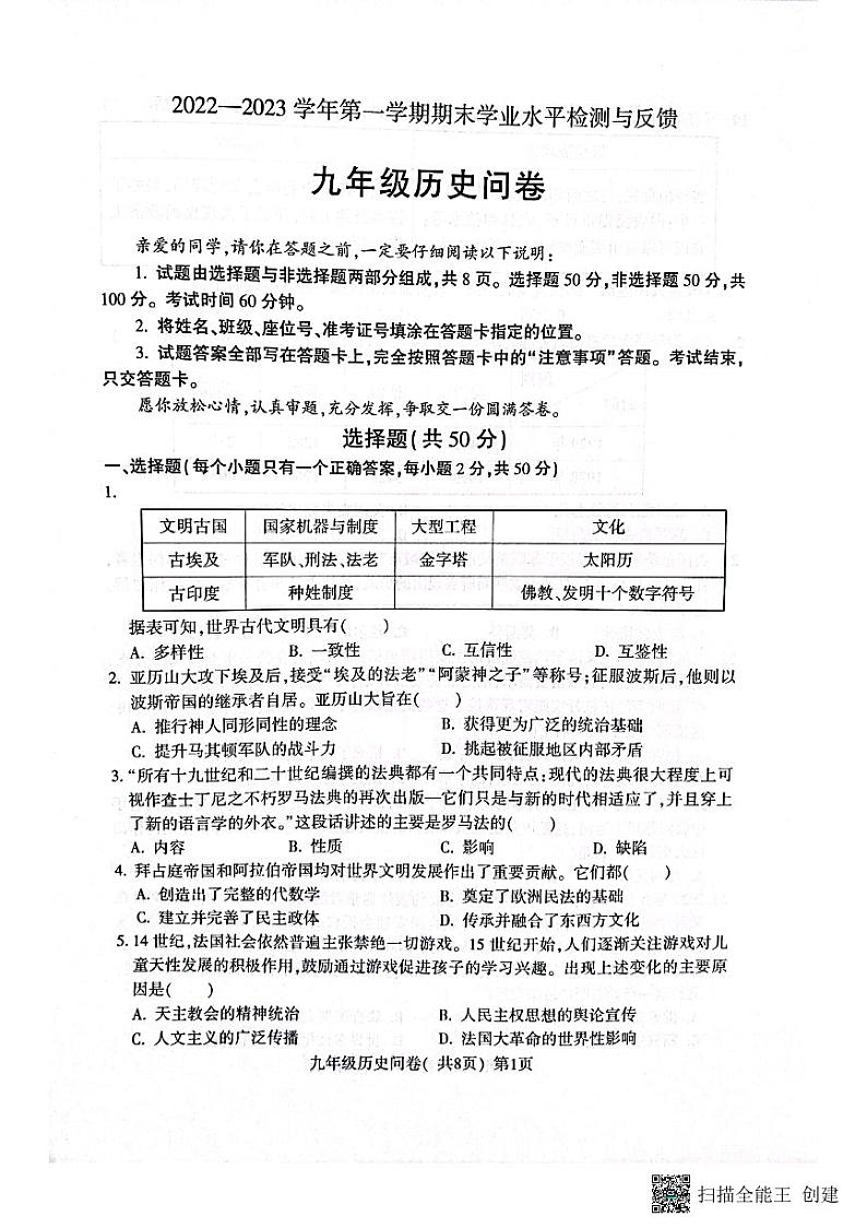 山东省聊城市阳谷县2022-2023学年九年级上学期期末考试历史试题第1页