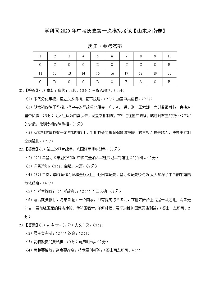 初中历史中考复习 （山东济南卷）2020年中考历史第一次模拟考试（参考答案）01