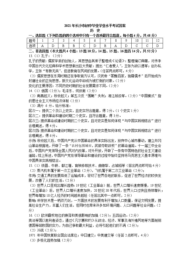 初中历史中考复习 2021年长沙市初中毕业学业水平考试历史答案第1页