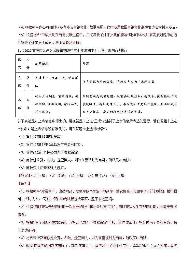 初中历史中考复习 必杀07  中国历史判断题、辨析改错题40题（解析版）03