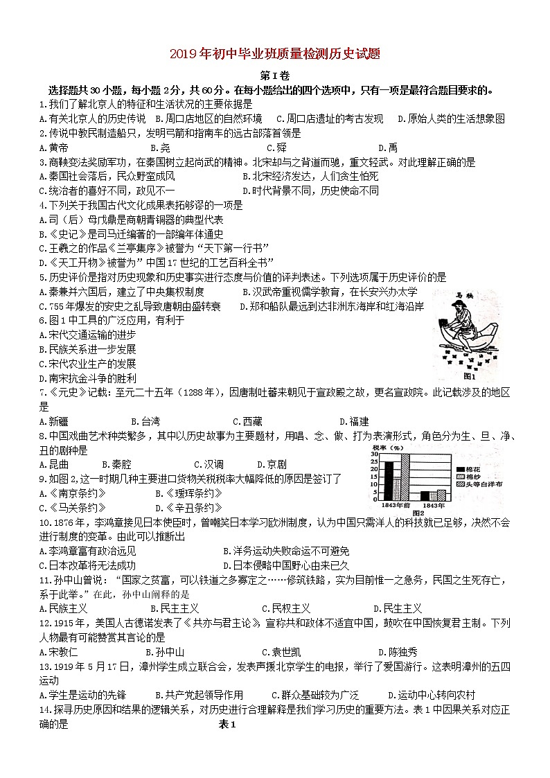 初中历史中考复习 福建省漳州市2019年中考历史真题试题第1页