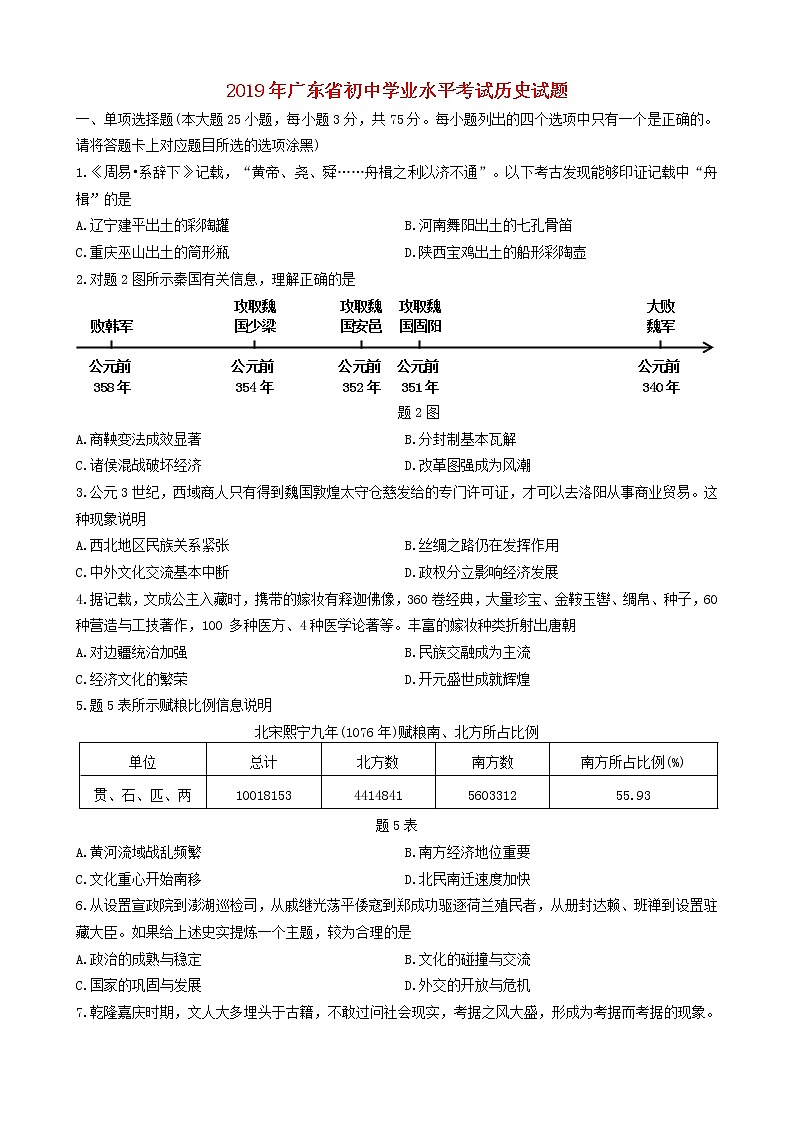 初中历史中考复习 广东省2019年中考历史真题试题01