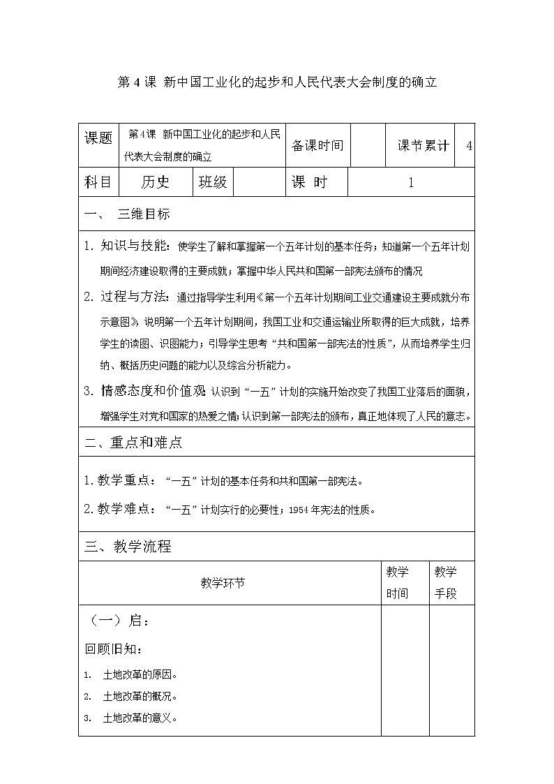 第二单元 社会主义制度的建立与社会主义建设的探索 第4课 新中国工业化的起步和人民代表大会制度的确立 课件+教案01