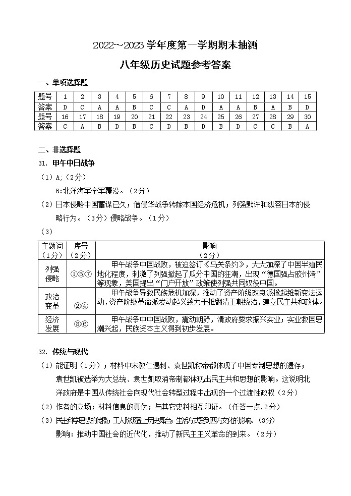 江苏省徐州市+2022-2023学年八年级上学期期末抽测历史试题+答案详解01