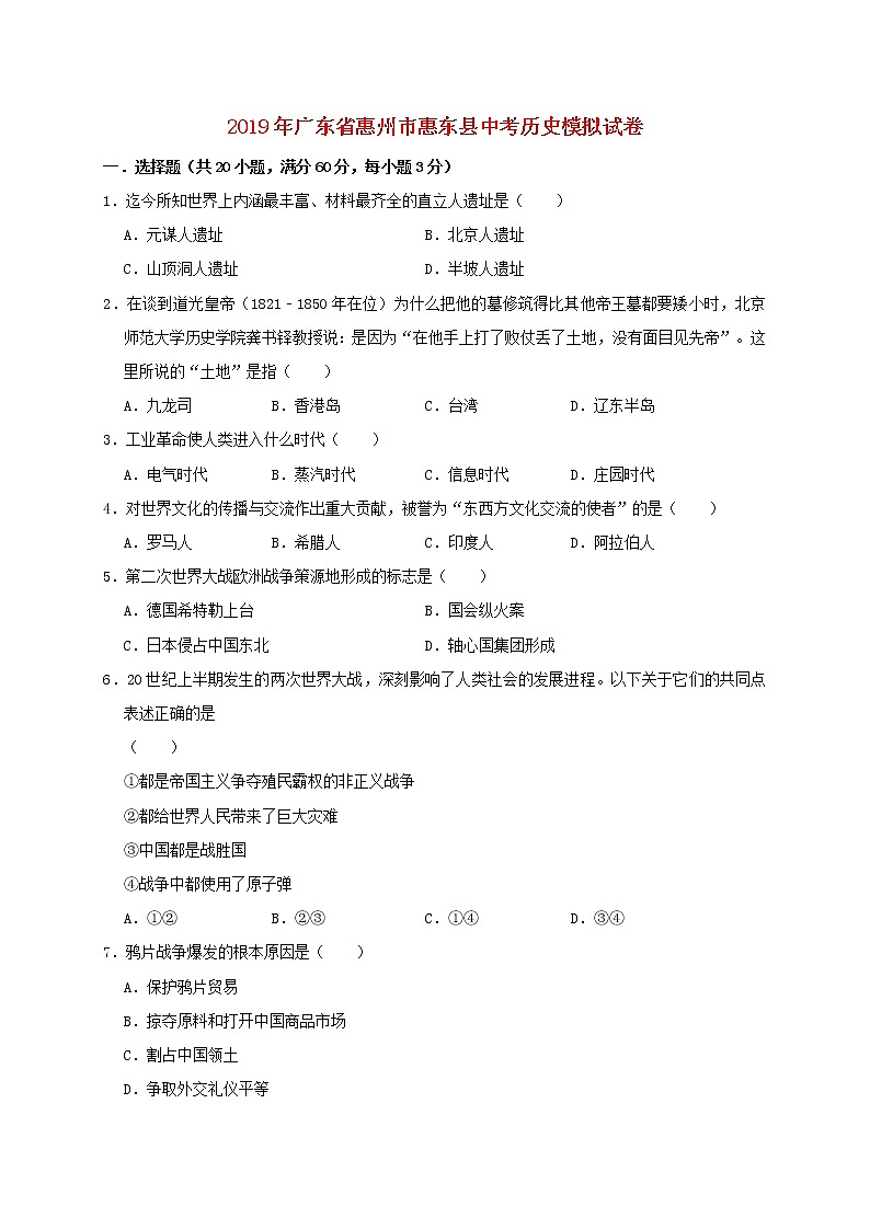 初中历史中考复习 广东省惠州市惠东县2019年中考历史模拟试卷01