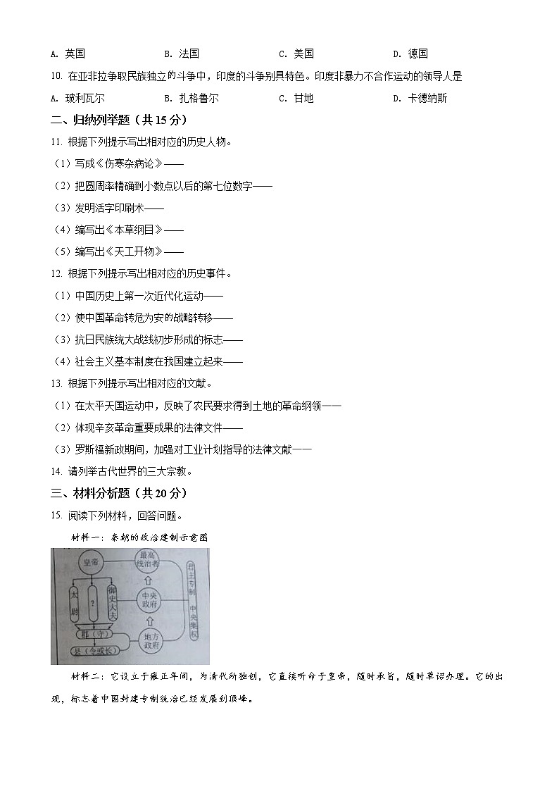 初中历史中考复习 精品解析：2022年吉林省中考历史真题（原卷版）第2页