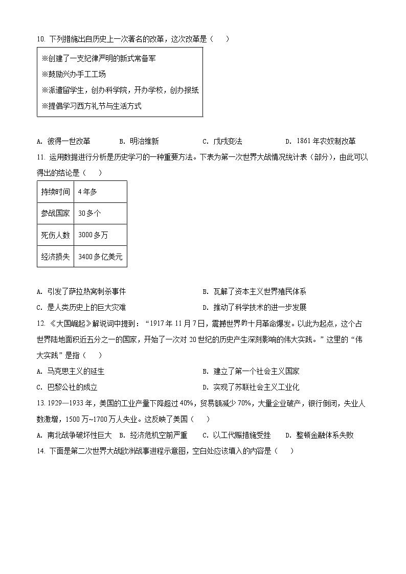 初中历史中考复习 精品解析：2022年山东省泰安市中考历史真题（原卷版）03