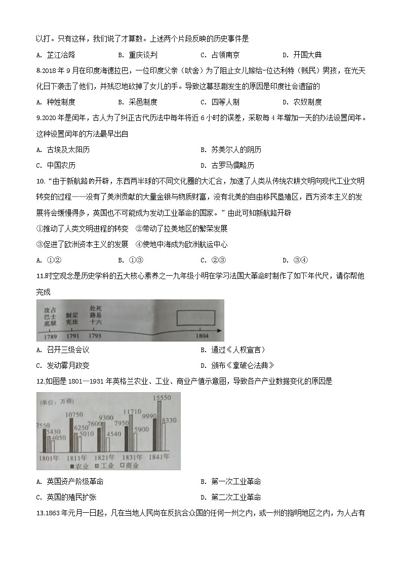 初中历史中考复习 精品解析：湖南省郴州市2020年中考历史试题（原卷版）02