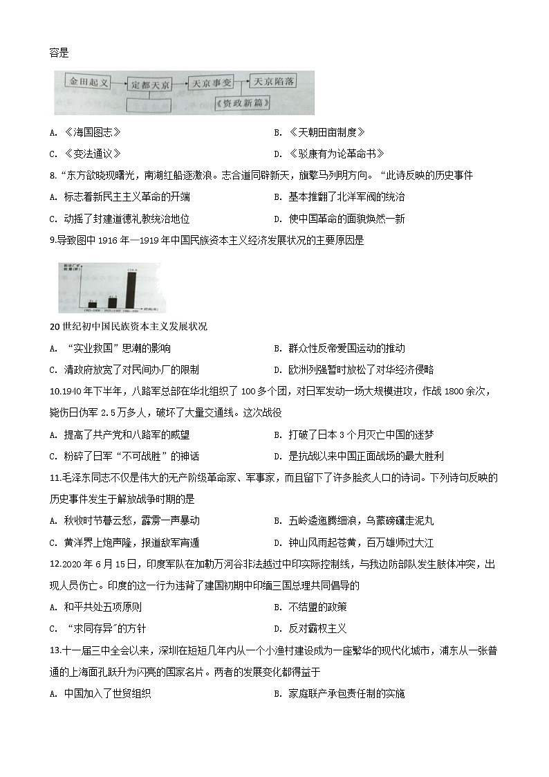 初中历史中考复习 精品解析：湖南省益阳市2020年中考历史试题（原卷版）第2页
