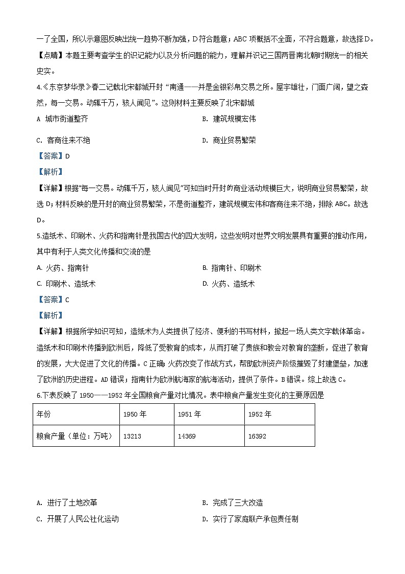 初中历史中考复习 精品解析：湖南省永州市2020年中考历史试题（解析版）02