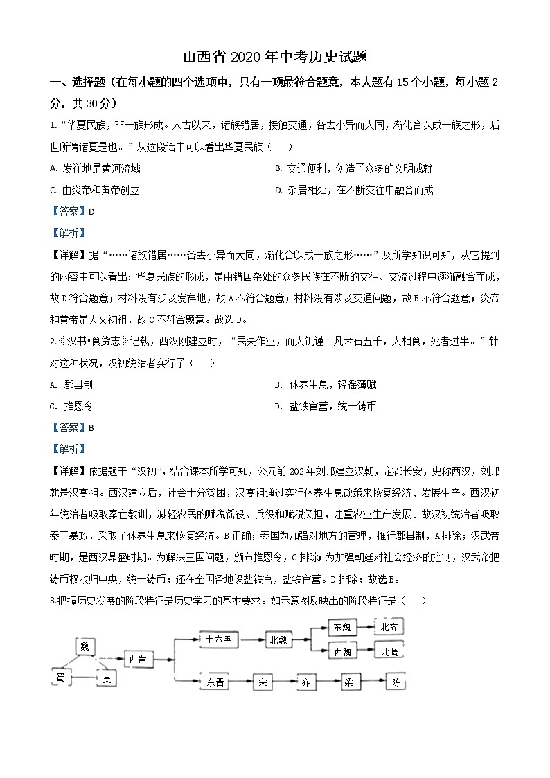 初中历史中考复习 精品解析：山西省2020年中考历史试题（解析版）01