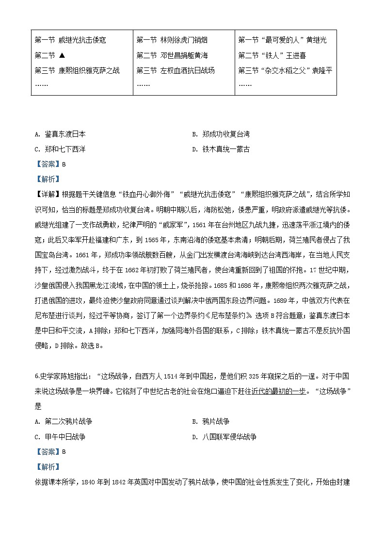初中历史中考复习 精品解析：山西省2020年中考历史试题（解析版）03