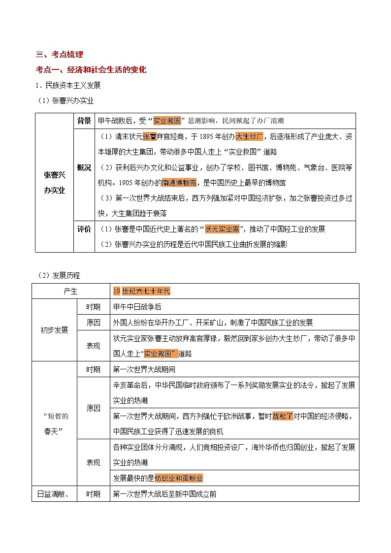 初中历史中考复习 考点12 近代经济、社会生活与教育文化事业的发展-备战2021年中考历史考点一遍过【 名师堂】 试卷02