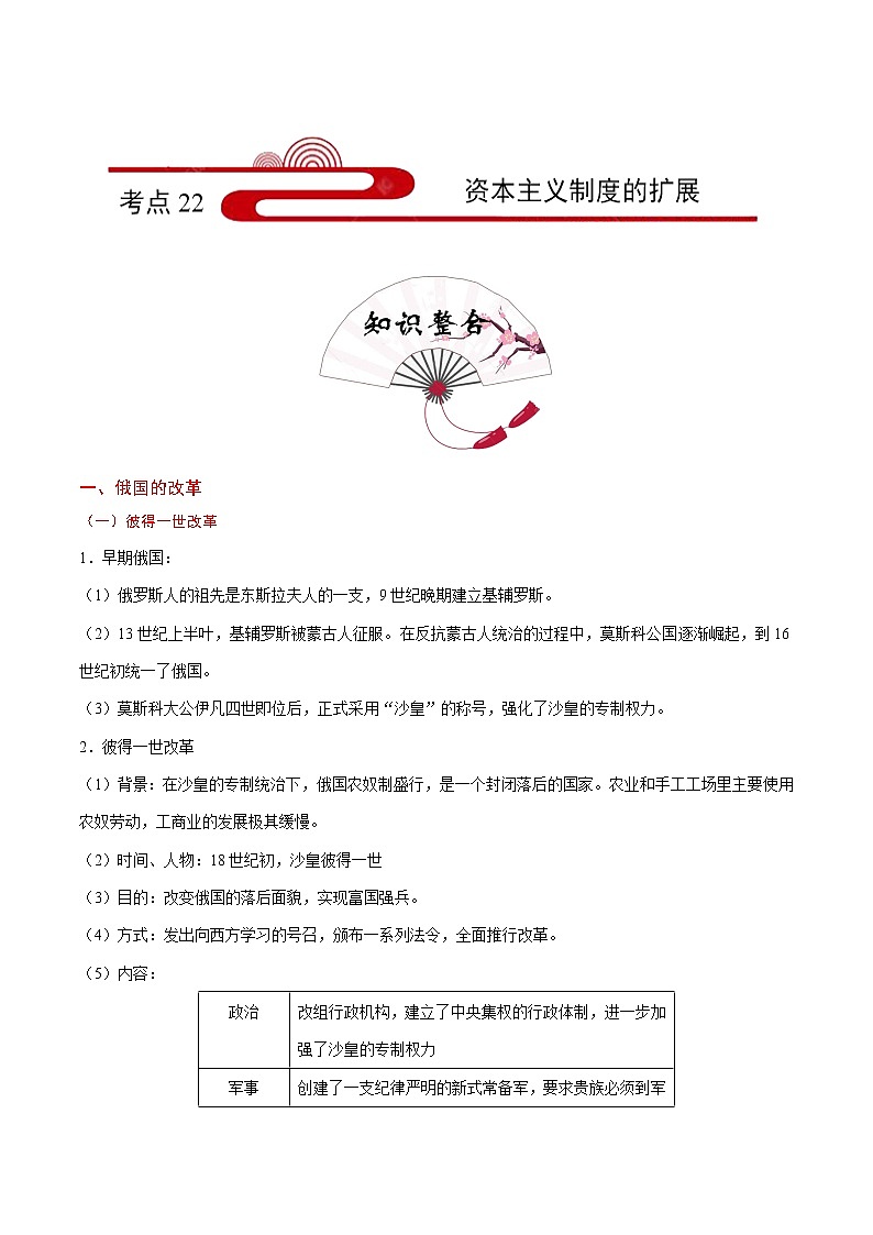 初中历史中考复习 考点22 资本主义制度的扩展-备战2020年中考历史考点一遍过 试卷01