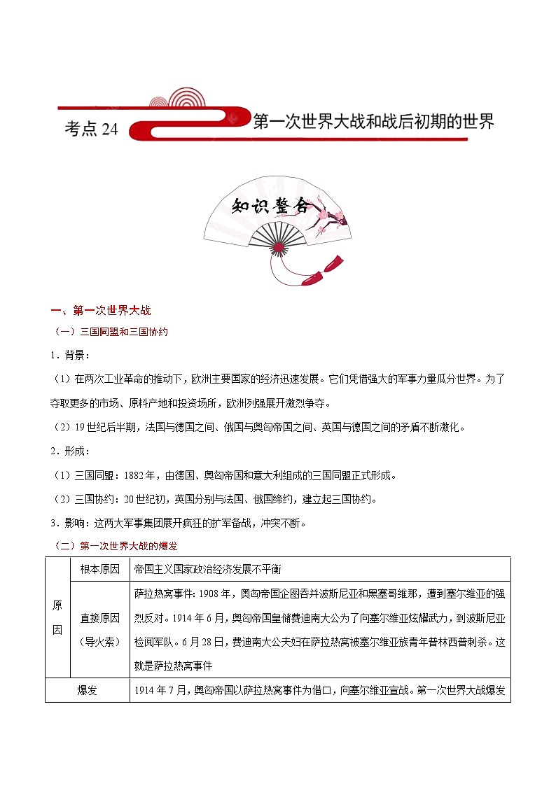 初中历史中考复习 考点24 第一次世界大战和战后初期的世界-备战2020年中考历史考点一遍过 试卷01