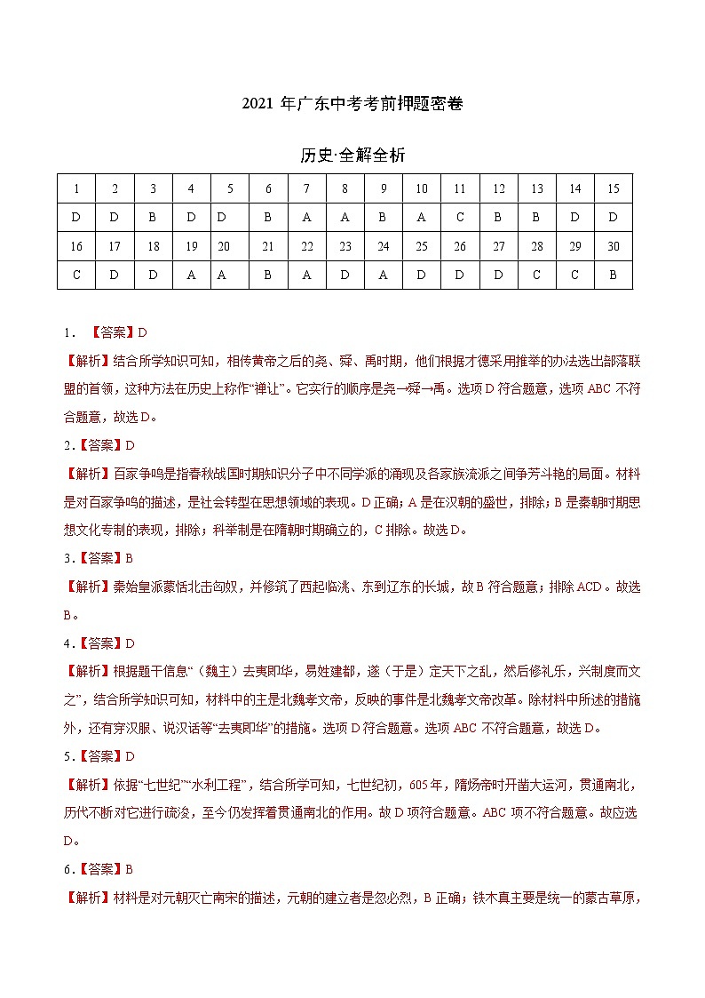 初中历史中考复习 历史-2021年广东中考考前押题密卷（全解全析）01