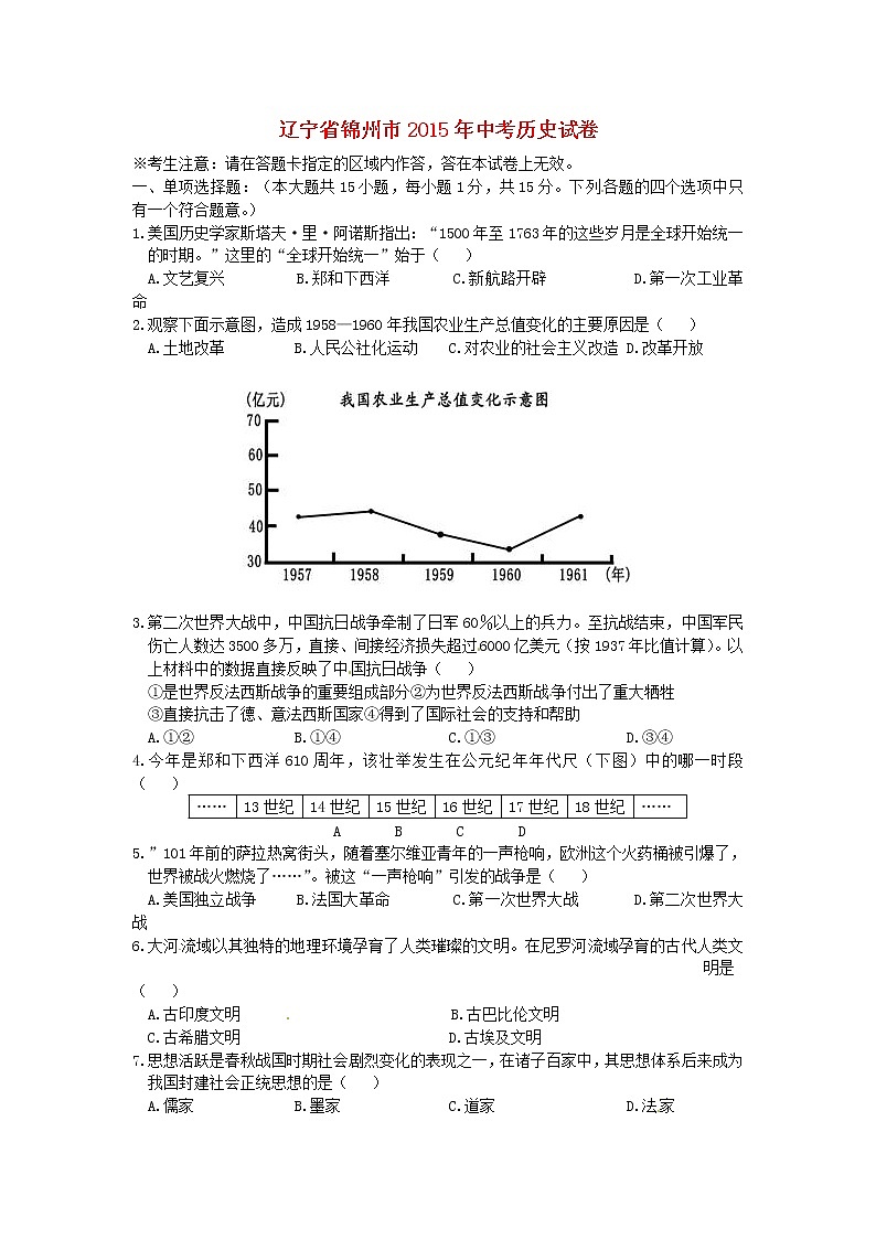 初中历史中考复习 辽宁省锦州市2015年中考历史真题试题（含答案）01