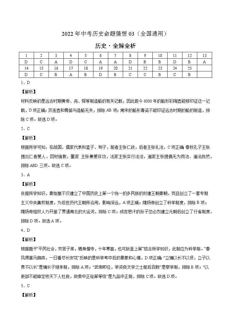 初中历史中考复习 命题猜想卷03-2022年中考历史命题猜想卷（全国通用）（全解全析）第1页