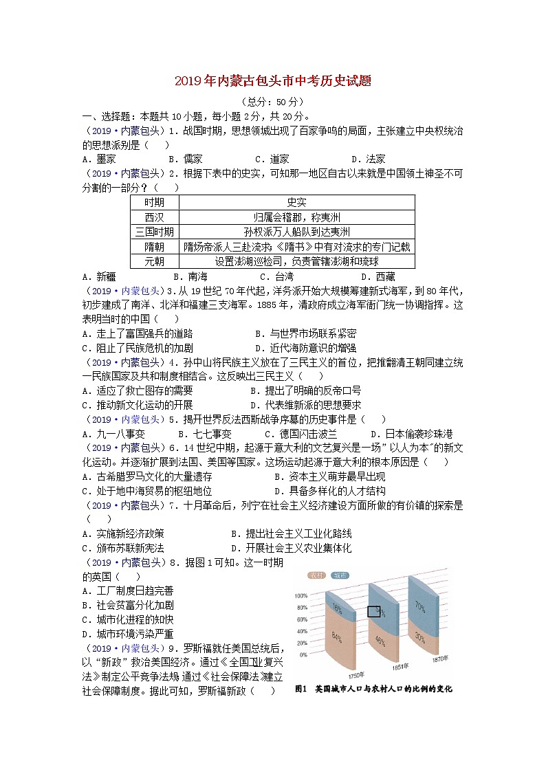 初中历史中考复习 内蒙古包头市2019年中考历史真题试题01