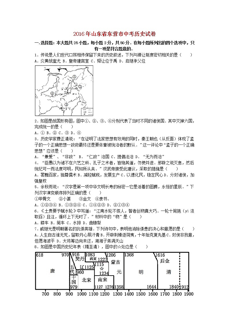 初中历史中考复习 山东省东营市2016年中考历史真题试题（含解析）01