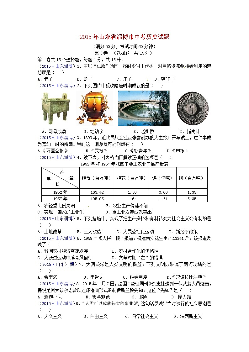 初中历史中考复习 山东省淄博市2015年中考历史真题试题（含答案）第1页