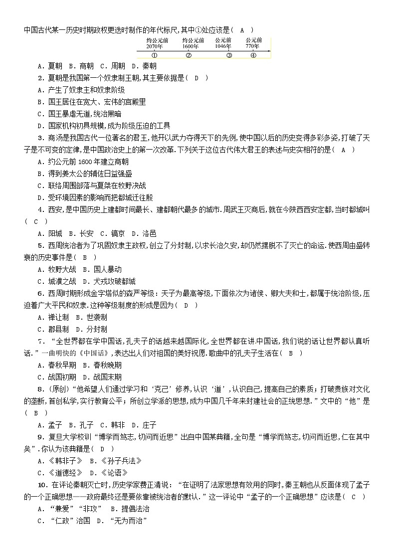 初中历史中考复习 中考历史总复习第一编教材过关模块1中国古代史第1单元夏商周时期早期国家的产生与社会变革试题02
