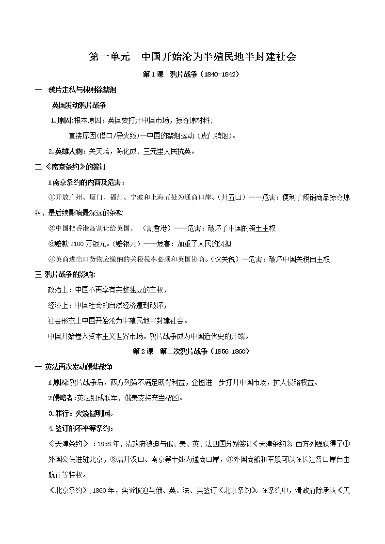 初中历史中考复习 专题01  中国开始沦为半殖民地半封建社会（背诵清单）第1页