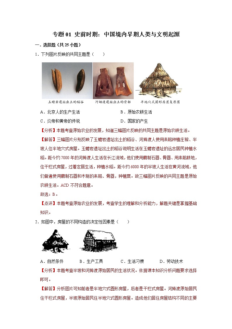 初中历史中考复习 专题01 史前时期：中国境内早期人类与文明的起源（解析版）第1页