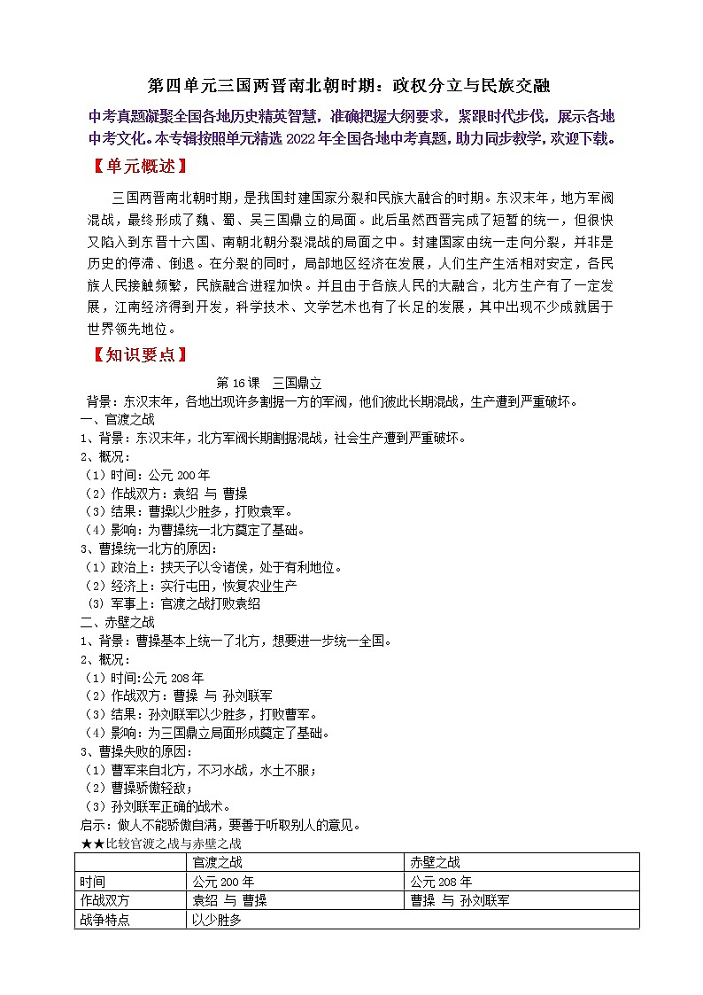 七上第四单元三国两晋南北朝时期：政权分立与民族交融———知识点精讲+2022真题练习（教师版）第1页