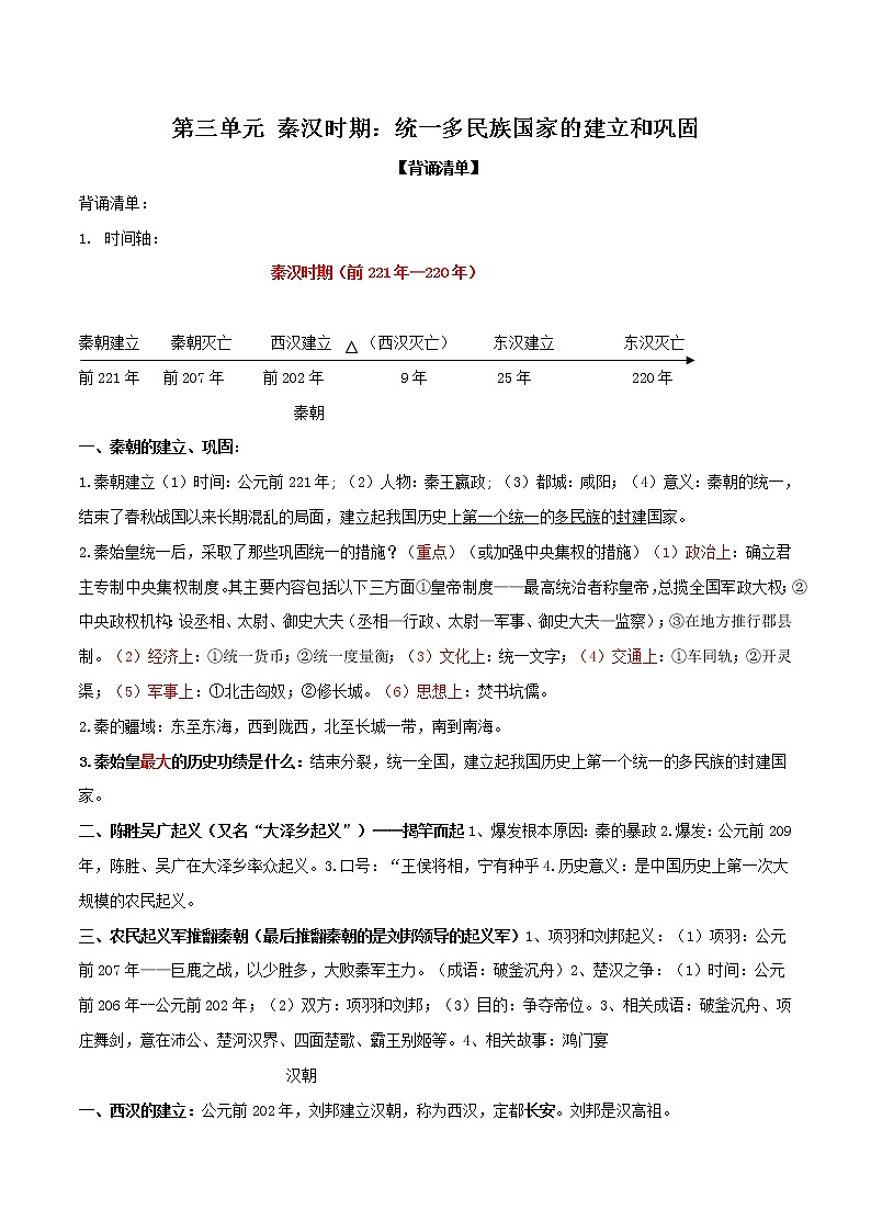 初中历史中考复习 专题03   秦汉时期：统一多民族国家的建立与巩固（背诵清单）第1页